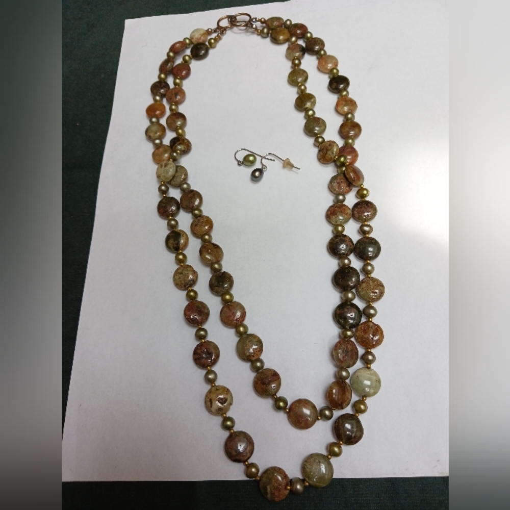 Green mixed stone necklace 28 inches with matching  earrings